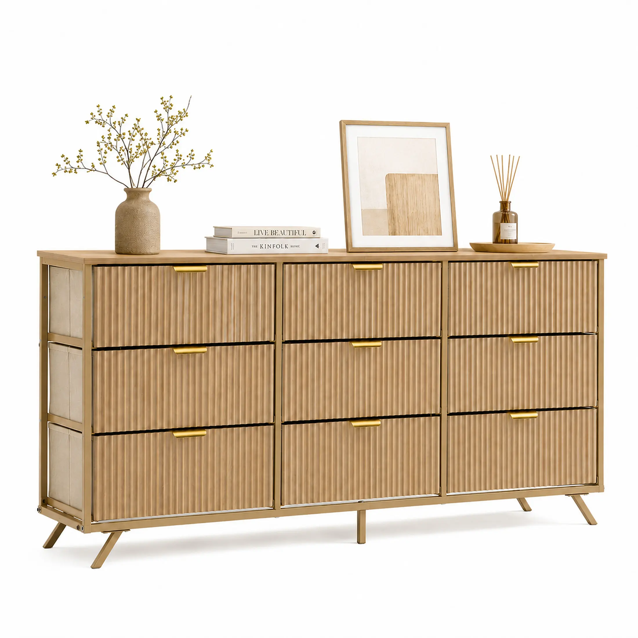 Cómoda de 9 Cajones de Tela, Aparador de Madera de 57", Mueble TV Moderno para 35/45/55", Gran Capacidad de Almacenamiento con Base Reforzada