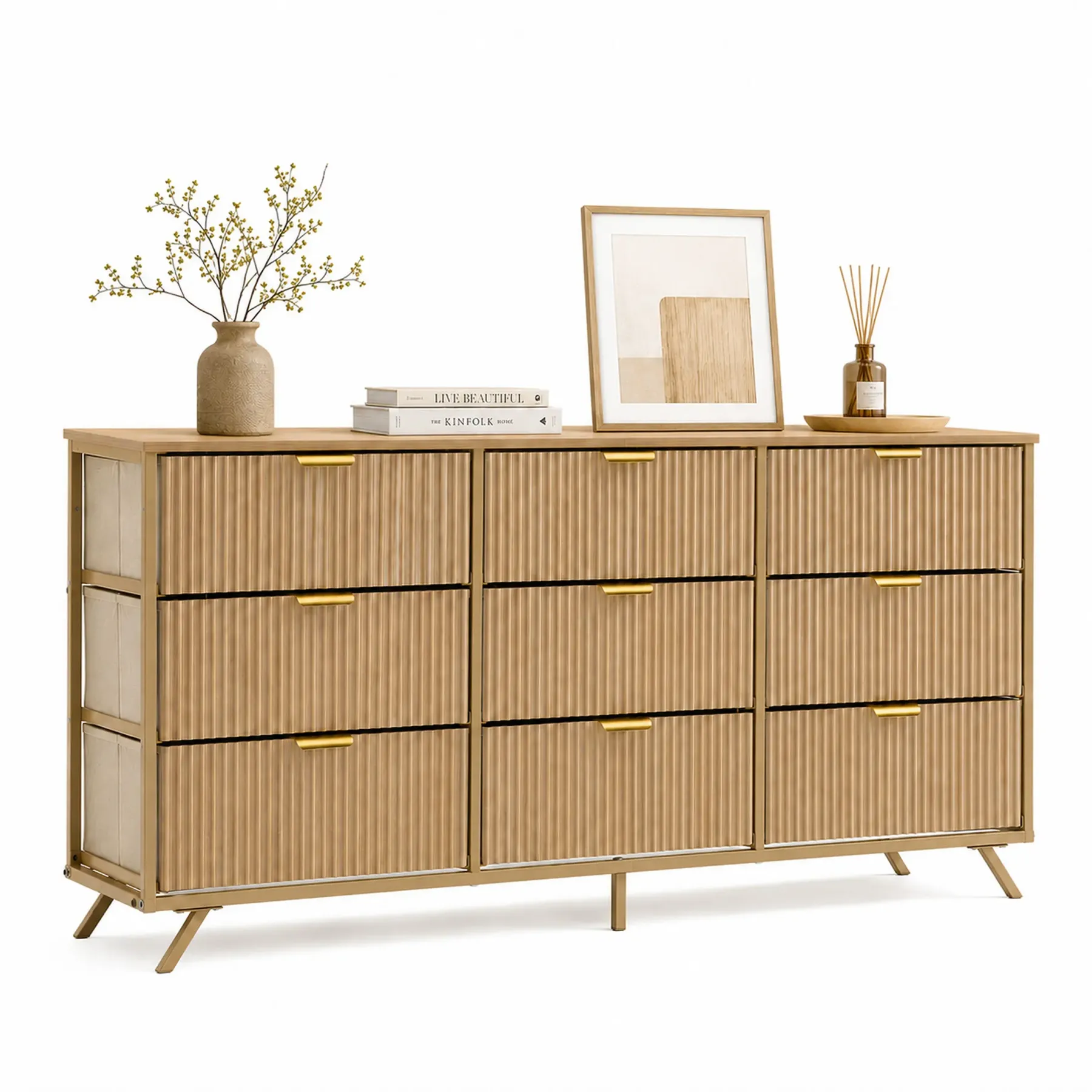Cómoda de 9 Cajones de Tela, Aparador de Madera de 57", Mueble TV Moderno para 35/45/55", Gran Capacidad de Almacenamiento con Base Reforzada