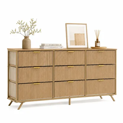 Cómoda de 9 Cajones de Tela, Aparador de Madera de 57", Mueble TV Moderno para 35/45/55", Gran Capacidad de Almacenamiento con Base Reforzada