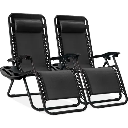 Set de 2 Sillas de Gravedad Cero Plegables con Bandeja Portavasos, Reclinables para Patio, Jardín y Piscina