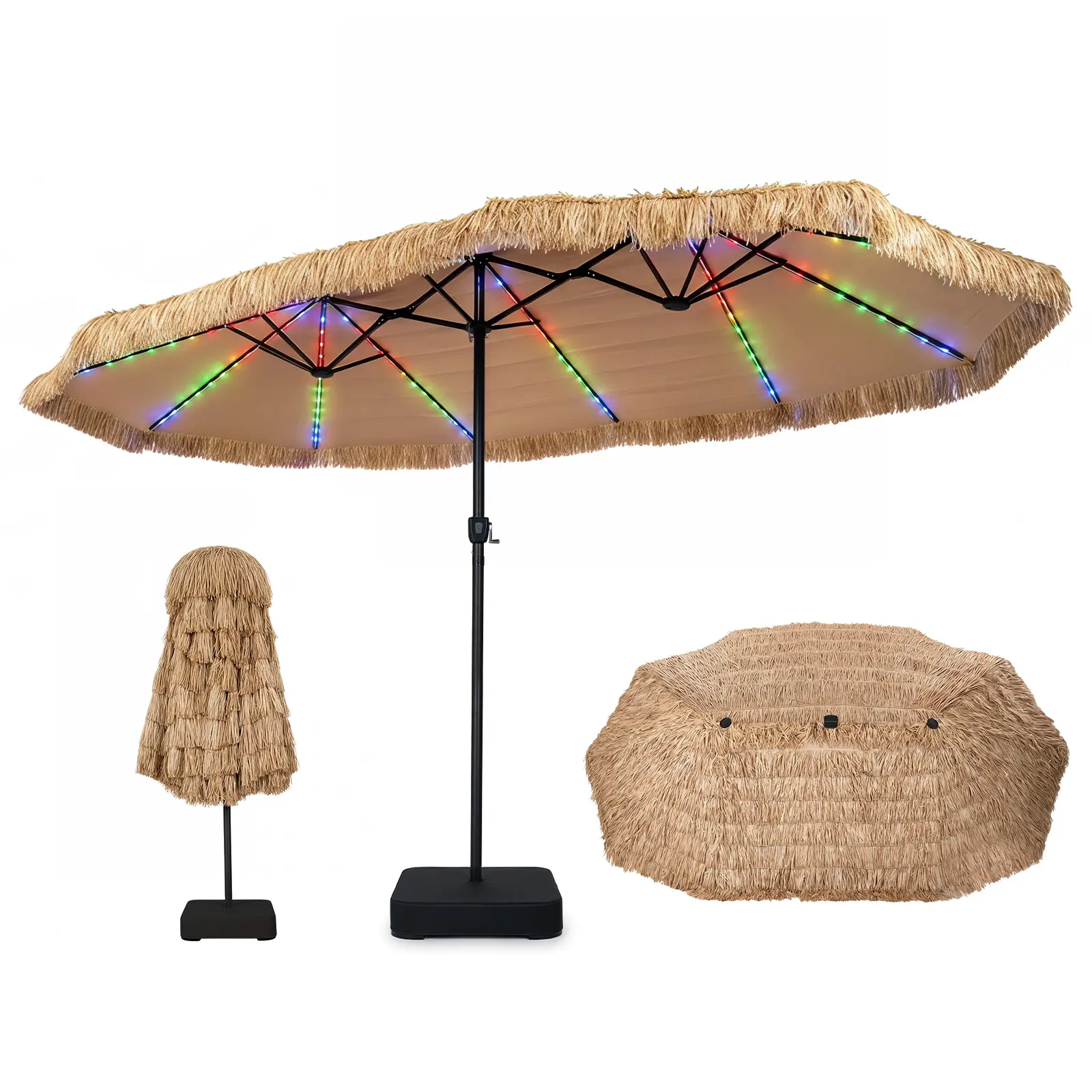 Sombrilla Tiki Solar de 15 FT para Exterior con Base, Estilo Hawaiano con 144 Luces LED Multicolor, 12 Modos, Manivela Ajustable y Diseño de Césped PE para Patio, Jardín y Piscina