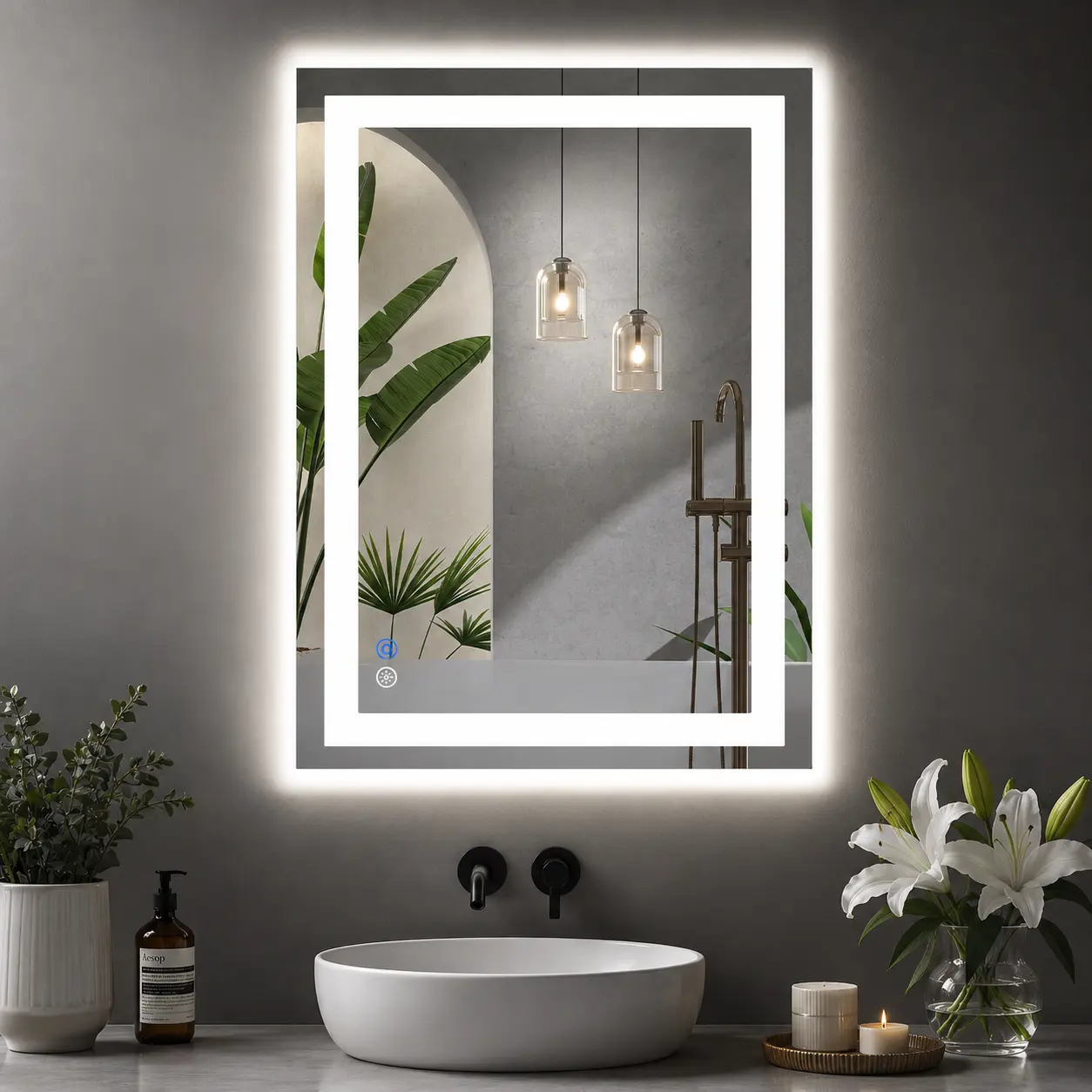 Espejo LED de Baño con Antivaho y Luz Regulable, Espejo de Pared con Iluminación Ajustable para Tocador