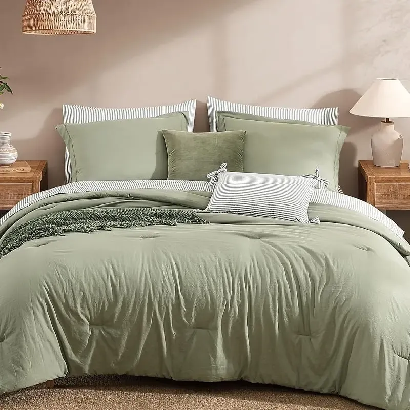 Juego de Cama de Microfibra de 7 Piezas, Edredón con Bolsillos de Doble Cara, Incluye Edredón, Sábana Plana, Sábana Ajustable y Fundas de Almohada, Estilo Moderno