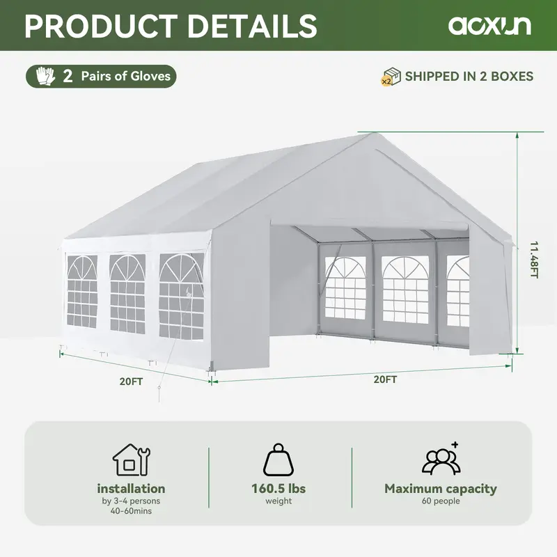 Carpa Grande para Exterior con Estructura de Acero, 32x16 FT/40x20 FT, Impermeable con Laterales Desmontables y Puerta Enrollable, Ideal para Bodas, Fiestas, BBQ y Camping