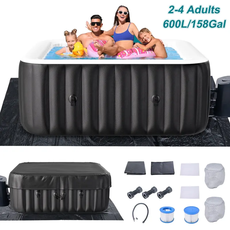 Spa Inflable Exterior para 4-6 Personas, Jacuzzi Portátil con 130 Chorros de Burbujas, Bomba de Calor y Filtro, Ideal para Patio y Jardín
