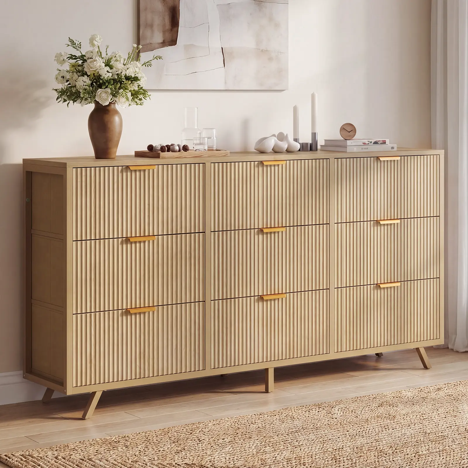 Cómoda de 9 Cajones de Tela, Aparador de Madera de 57", Mueble TV Moderno para 35/45/55", Gran Capacidad de Almacenamiento con Base Reforzada