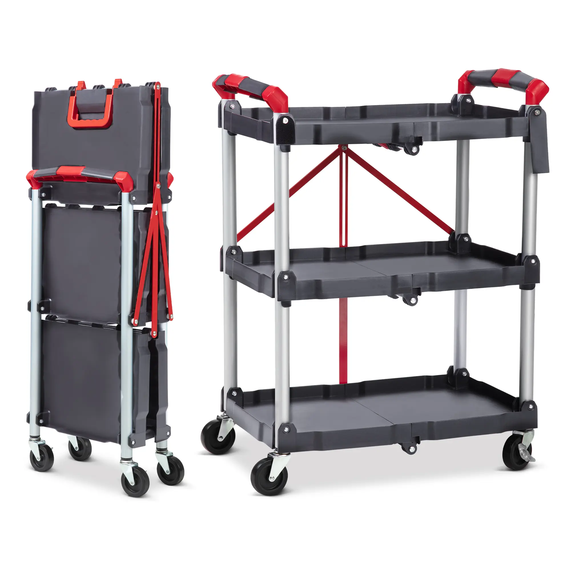 Carrito multiusos plegable de 3 niveles para el hogar y la oficina: capacidad de 150 libras, ruedas giratorias de 360° con freno, listo para usar, organizador con ruedas versátil.