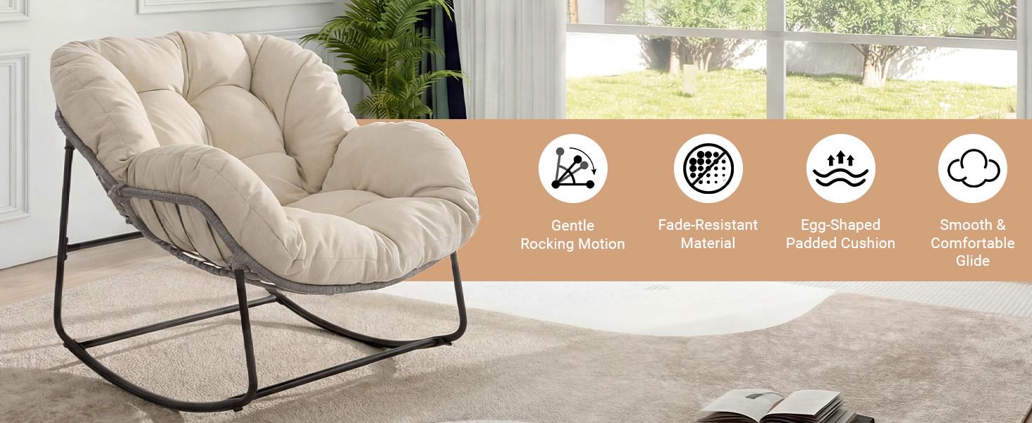 RIWENGO Oversized Outdoor Rocking Chair with Thick Cushion,Maximum 450lbs Capacity, Indoor Egg Rocking Chair with Adjustable Backrest for Backyard, Balcony, Living Room