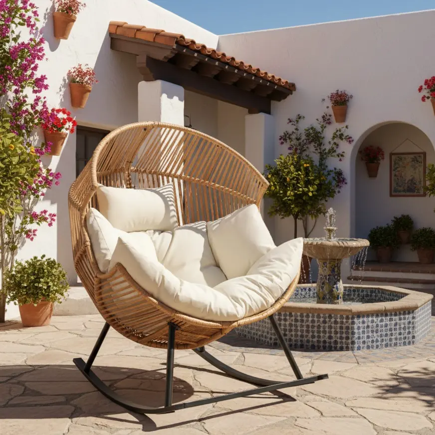 Sillón mecedora de mimbre para interiores y exteriores; silla tipo huevo de gran tamaño con cojín y capacidad de carga de 450 libras; ideal para dormitorio, balcón o jardín.