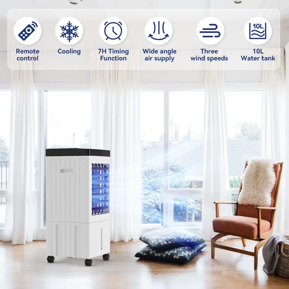 Enfriador de Aire Portátil 3 en 1 de 10L, Ventilador Evaporativo con Humidificador y Control Remoto, Ideal para Hogar, Oficina y Habitaciones