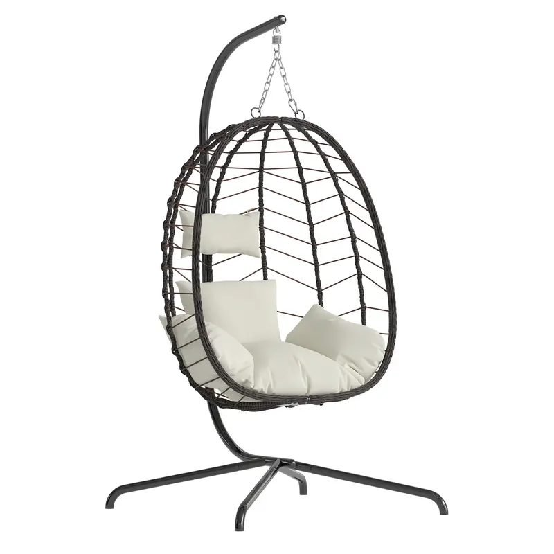 Sillón colgante tipo huevo con soporte – Columpio de ratán tejido a mano para patio con cojín, capacidad de 350 libras – Estilo elegante para interiores y exteriores (patio, jardín y zona de piscina)