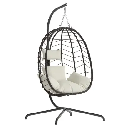 Sillón colgante tipo huevo con soporte – Columpio de ratán tejido a mano para patio con cojín, capacidad de 350 libras – Estilo elegante para interiores y exteriores (patio, jardín y zona de piscina)