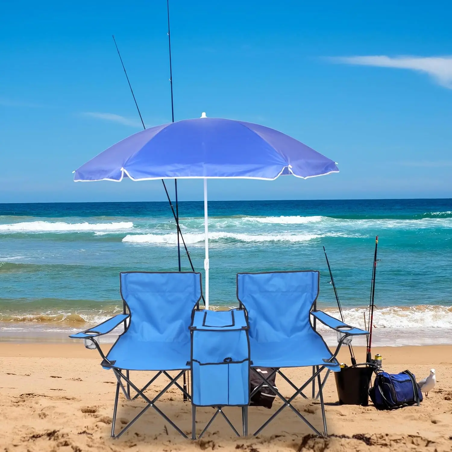 Silla Doble Plegable para Camping con Sombrilla, Portavasos, Nevera y Mesa Auxiliar, Resistente y Portátil para Playa, Patio, Piscina y Exterior (Azul)