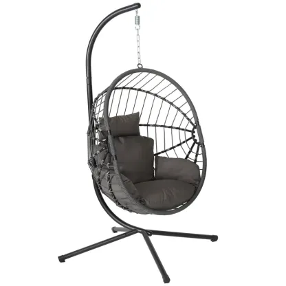 Sillón colgante tipo huevo con soporte – Columpio de ratán tejido a mano para patio con cojín, capacidad de 350 libras – Estilo elegante para interiores y exteriores (patio, jardín y zona de piscina)
