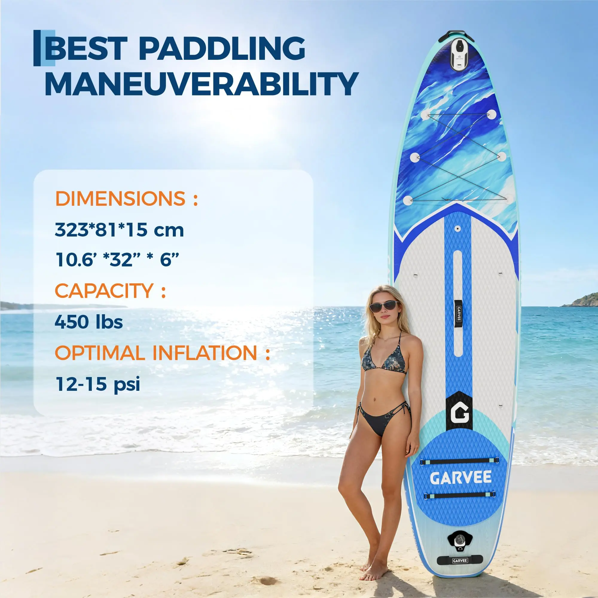 Tabla de paddle surf inflable extra ancha - 10'6" x 32" x 6" - Superficie estable y antideslizante - Capacidad de 450 libras - Accesorios de lujo: mochila, remo, bomba de aire y soporte para cámara - Ideal para yoga, pesca, surf y principiantes