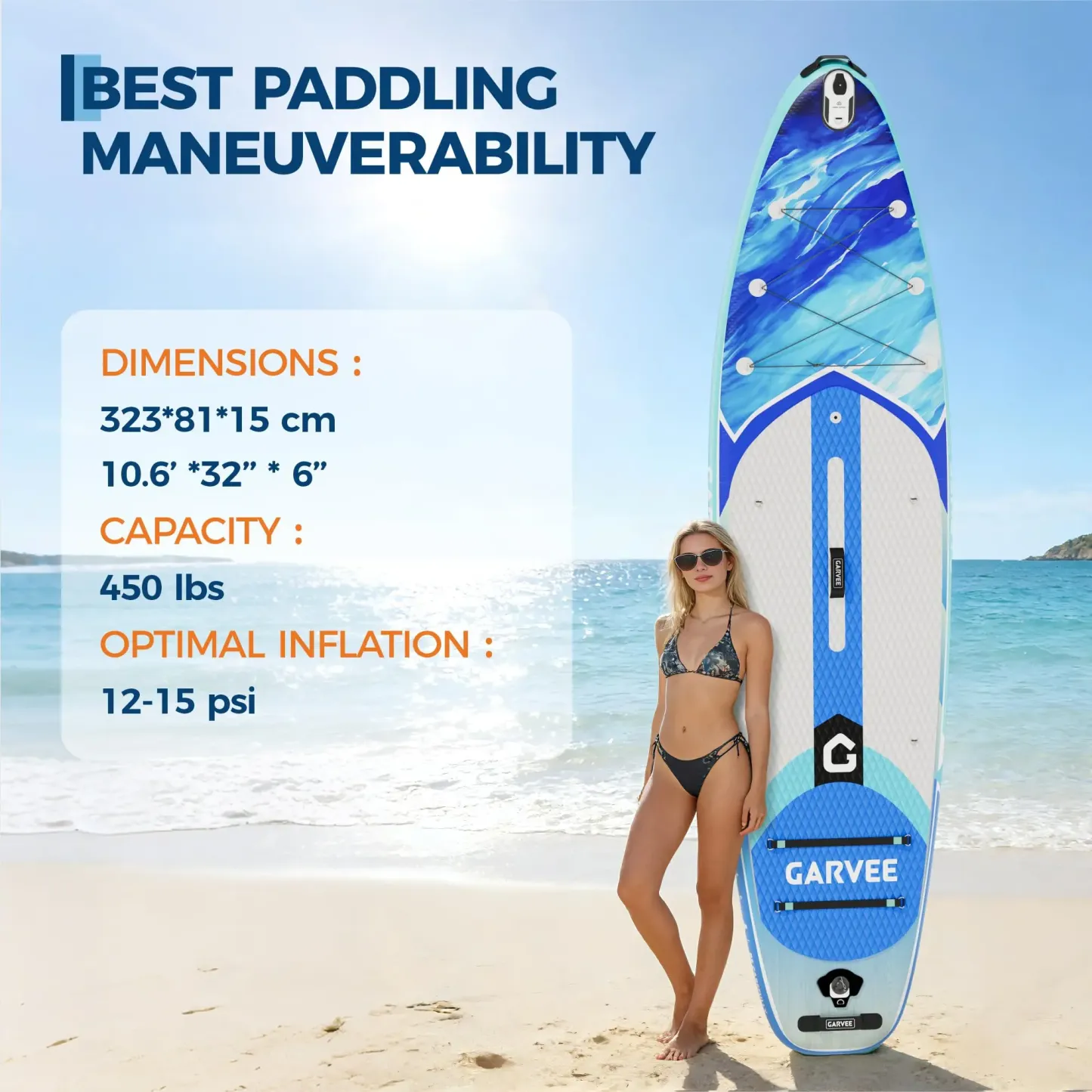 Tabla de paddle surf inflable extra ancha - 10'6" x 32" x 6" - Superficie estable y antideslizante - Capacidad de 450 libras - Accesorios de lujo: mochila, remo, bomba de aire y soporte para cámara - Ideal para yoga, pesca, surf y principiantes