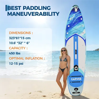 Tabla de paddle surf inflable extra ancha - 10'6" x 32" x 6" - Superficie estable y antideslizante - Capacidad de 450 libras - Accesorios de lujo: mochila, remo, bomba de aire y soporte para cámara - Ideal para yoga, pesca, surf y principiantes
