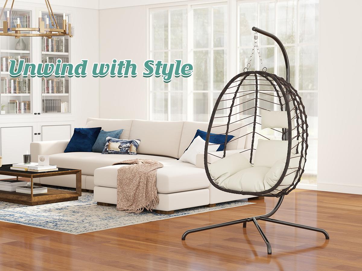 RIWENGO Hanging Egg Chair with Stand &ndash; Handwoven Rattan Patio Swing with Cushion, 350lb Capacity &ndash; Indoor/Outdoor Chic for Patio, Garden & Poolside