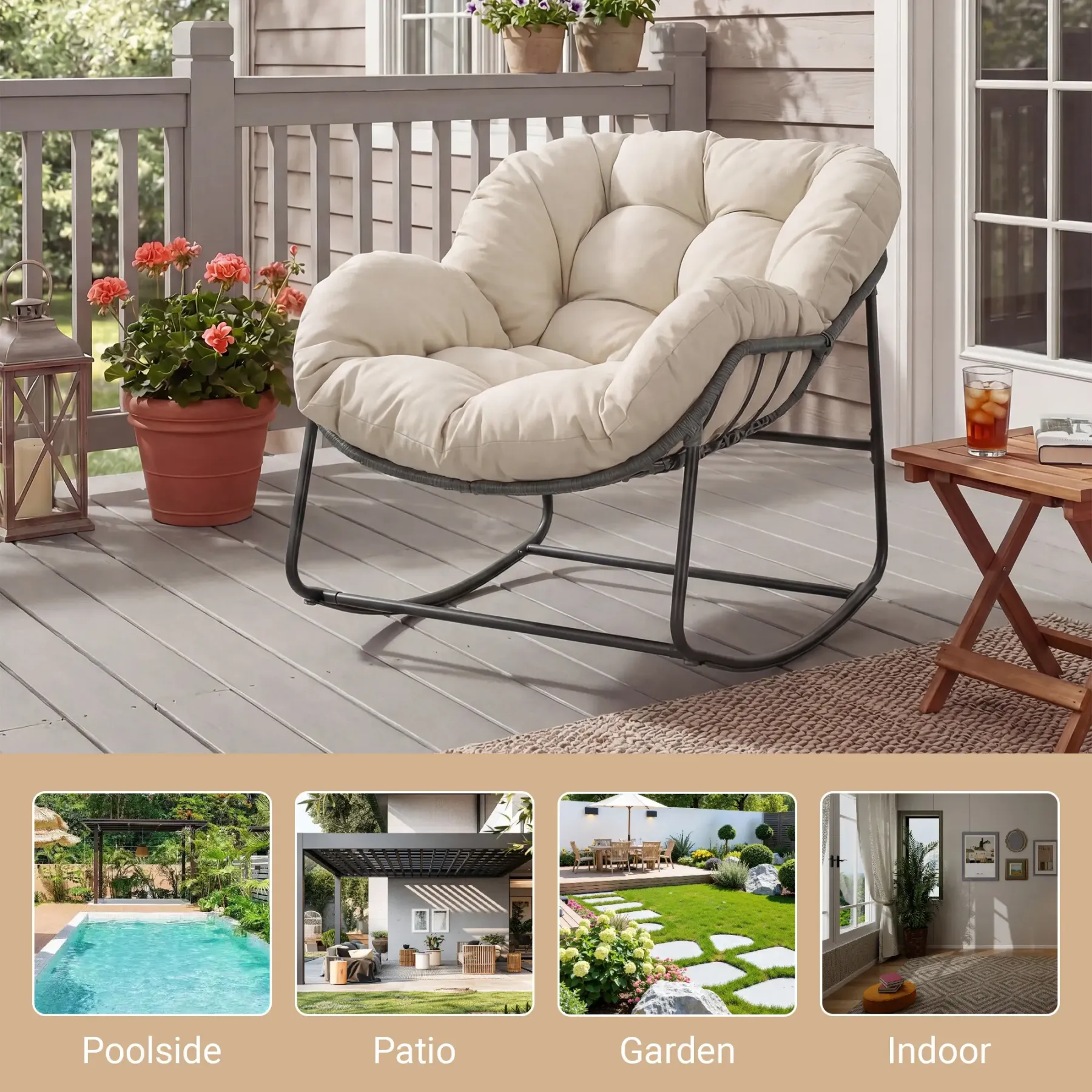 Silla Mecedora Tipo Huevo Extra Grande con Respaldo Ajustable, Cojín Grueso, Soporta hasta 450 lb, Ideal para Patio, Balcón, Jardín y Sala de Estar