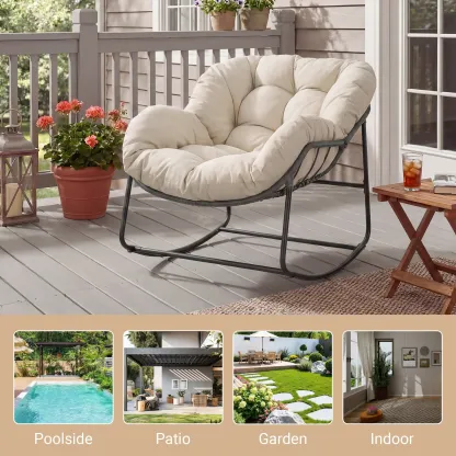 Silla Mecedora Tipo Huevo Extra Grande con Respaldo Ajustable, Cojín Grueso, Soporta hasta 450 lb, Ideal para Patio, Balcón, Jardín y Sala de Estar