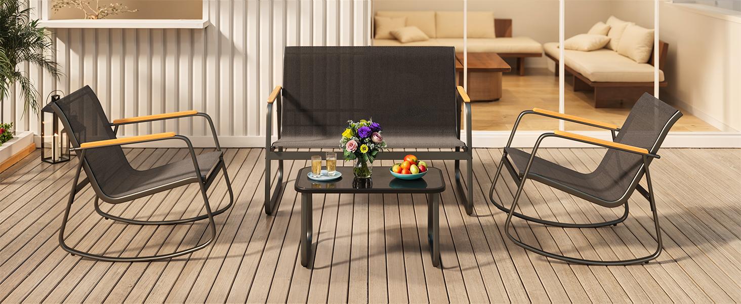 GIZOON 4-Piece Modern Patio Furniture Set, Sturdy Textilene Conversation Set (Black) - Weather-Resistant, Stable with Wooden Armrests, 2 Rocking Chairs, Coffee Table for Outdoor Patio, Balcony