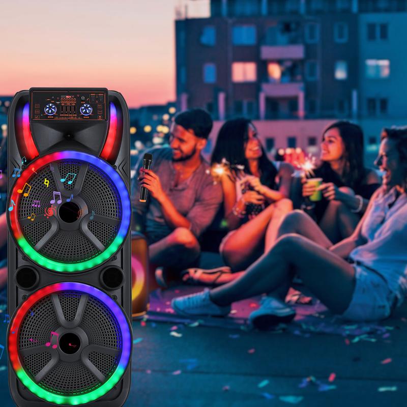 Sistema de altavoces para karaoke con doble woofer de 15 pulgadas — Altavoz portátil tipo "Party Box" con 2 micrófonos, Bluetooth inalámbrico, sonido estéreo, batería recargable, control remoto e iluminación LED.