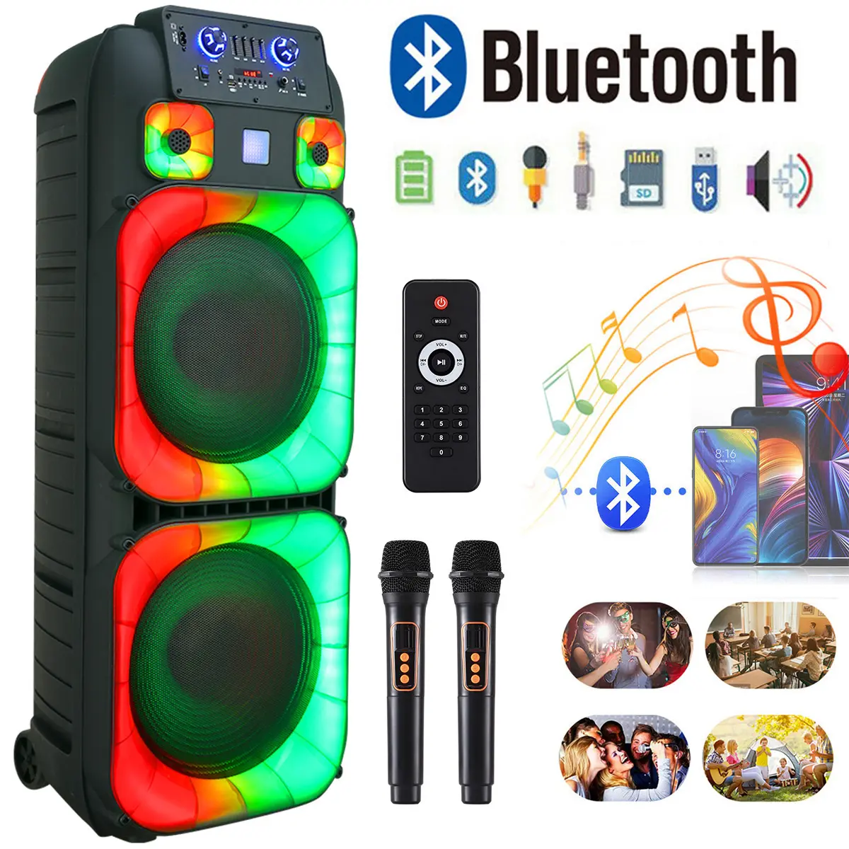 Sistema de Altavoces PA Bluetooth Portátil de Alta Potencia con Doble Bocina de 15", Inalámbrico y Recargable, Incluye Dos Micrófonos Inalámbricos, Control Remoto, Luces LED Multicolor para Fiestas y Sonido Estéreo, Ideal para DJ y Eventos