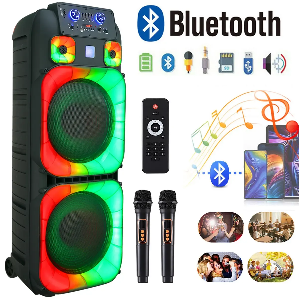 Sistema de Altavoces PA Bluetooth Portátil de Alta Potencia con Doble Bocina de 15", Inalámbrico y Recargable, Incluye Dos Micrófonos Inalámbricos, Control Remoto, Luces LED Multicolor para Fiestas y Sonido Estéreo, Ideal para DJ y Eventos
