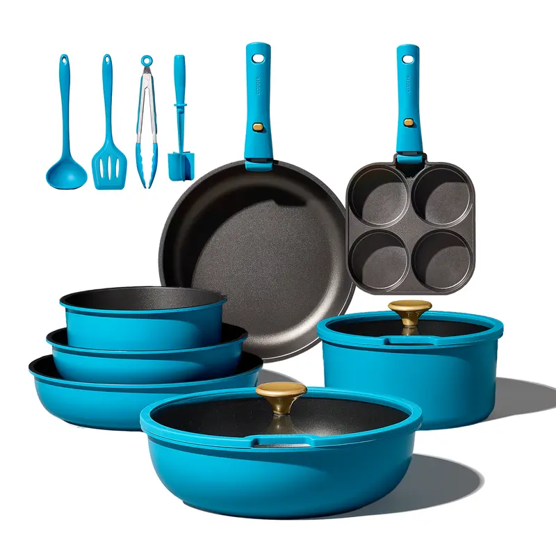 Juego de utensilios de cocina antiadherentes de 21 piezas con mangos desmontables, compatible con inducción, apto para lavavajillas, ideal para autocaravanas, en elegantes tonos dorado y morado.