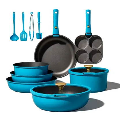 Juego de utensilios de cocina antiadherentes de 21 piezas con mangos desmontables, compatible con inducción, apto para lavavajillas, ideal para autocaravanas, en elegantes tonos dorado y morado.