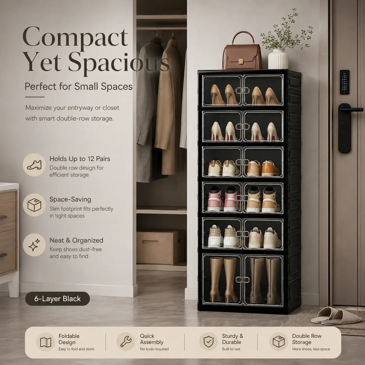 Zapatero plegable con puertas magnéticas transparentes, unidad de almacenamiento de 9 niveles para 18 pares de zapatos, diseño sencillo, gran capacidad, resistente, zapatero de plástico apilable, ahorra espacio, no requiere instalación.