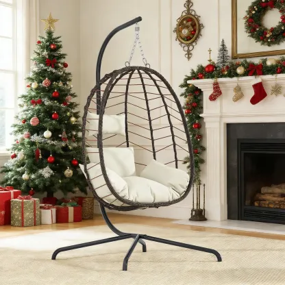 Sillón colgante tipo huevo con soporte – Columpio de ratán tejido a mano para patio con cojín, capacidad de 350 libras – Estilo elegante para interiores y exteriores (patio, jardín y zona de piscina)