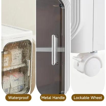 Armario de almacenamiento alto y estrecho de cuatro niveles, fabricado en plástico, con un diseño delgado, puertas y estantes ajustables, ruedas, apilable y plegable, adecuado para espacios pequeños, baños y cocinas,