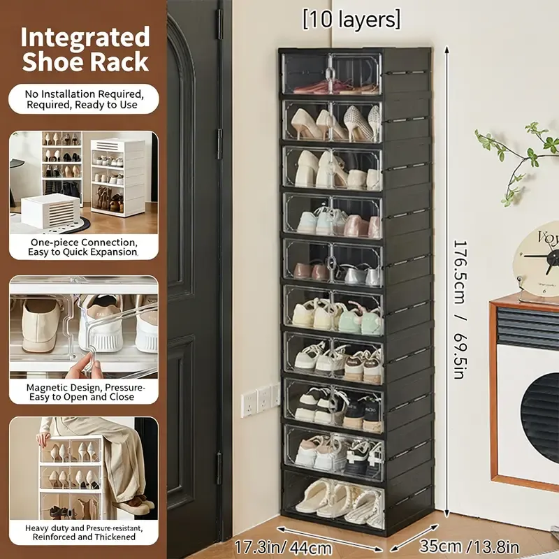Zapatero Plegable de 10 Niveles con Puertas Transparentes Magnéticas, Capacidad para 20 Pares de Zapatos, Gran Capacidad, Apilable, Resistente, Ahorra Espacio y Sin Instalación