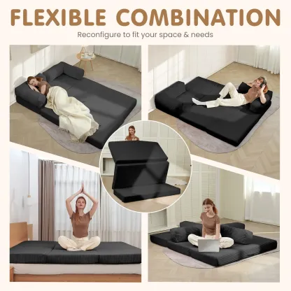 Sofá cama plegable convertible 5 en 1 (tamaño Queen) con colchón de tres pliegues y reposabrazos; sofá futón de suelo sin estructura para sala de estar, dormitorio o apartamento.