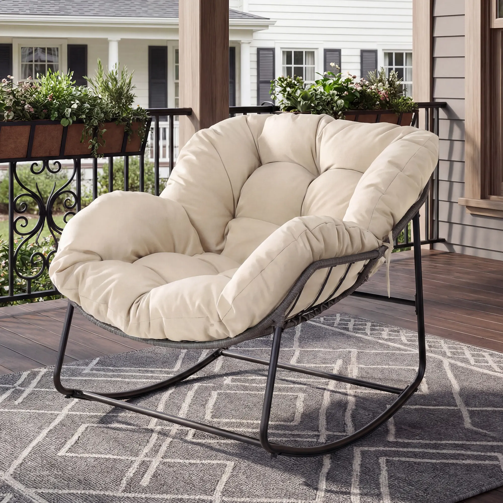 Silla Mecedora Tipo Huevo Extra Grande con Respaldo Ajustable, Cojín Grueso, Soporta hasta 450 lb, Ideal para Patio, Balcón, Jardín y Sala de Estar