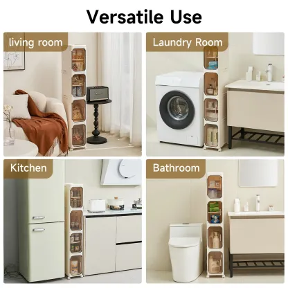Armario de almacenamiento alto y estrecho de cuatro niveles, fabricado en plástico, con un diseño delgado, puertas y estantes ajustables, ruedas, apilable y plegable, adecuado para espacios pequeños, baños y cocinas,