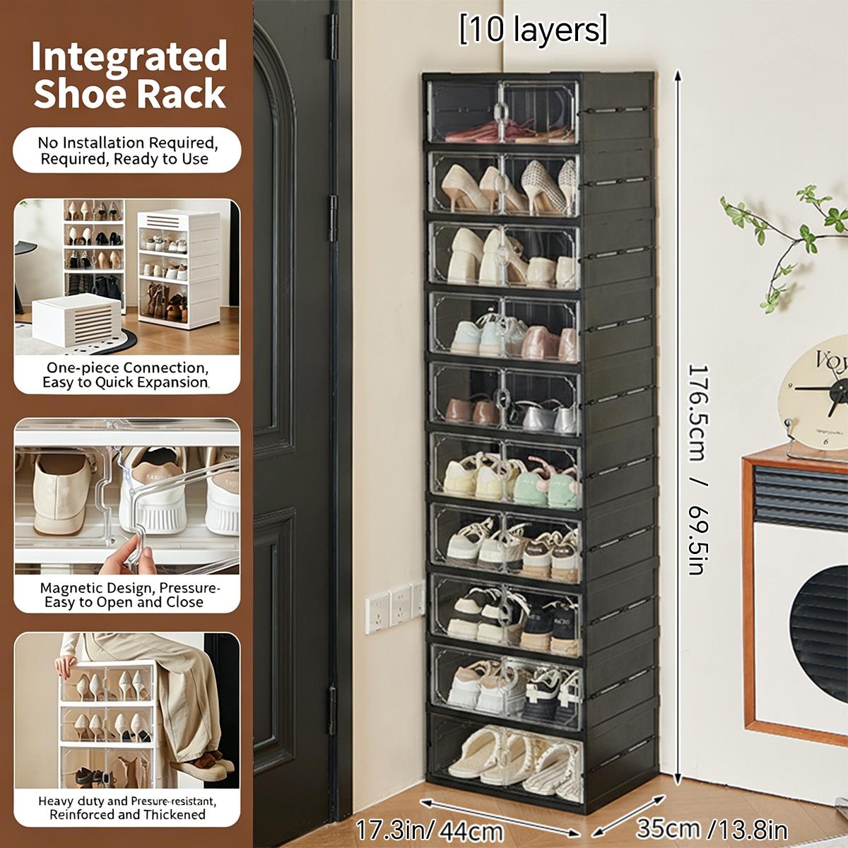 MiAoLi folding shoe rack, magnetic transparent door shoe cabinet, 10layers, can store 20 pairs of shoes, simple design, large capacity, sturdy and stackable plastic shoe cabinet, space-saving, no installation required, convenient and practical. tiktokshop