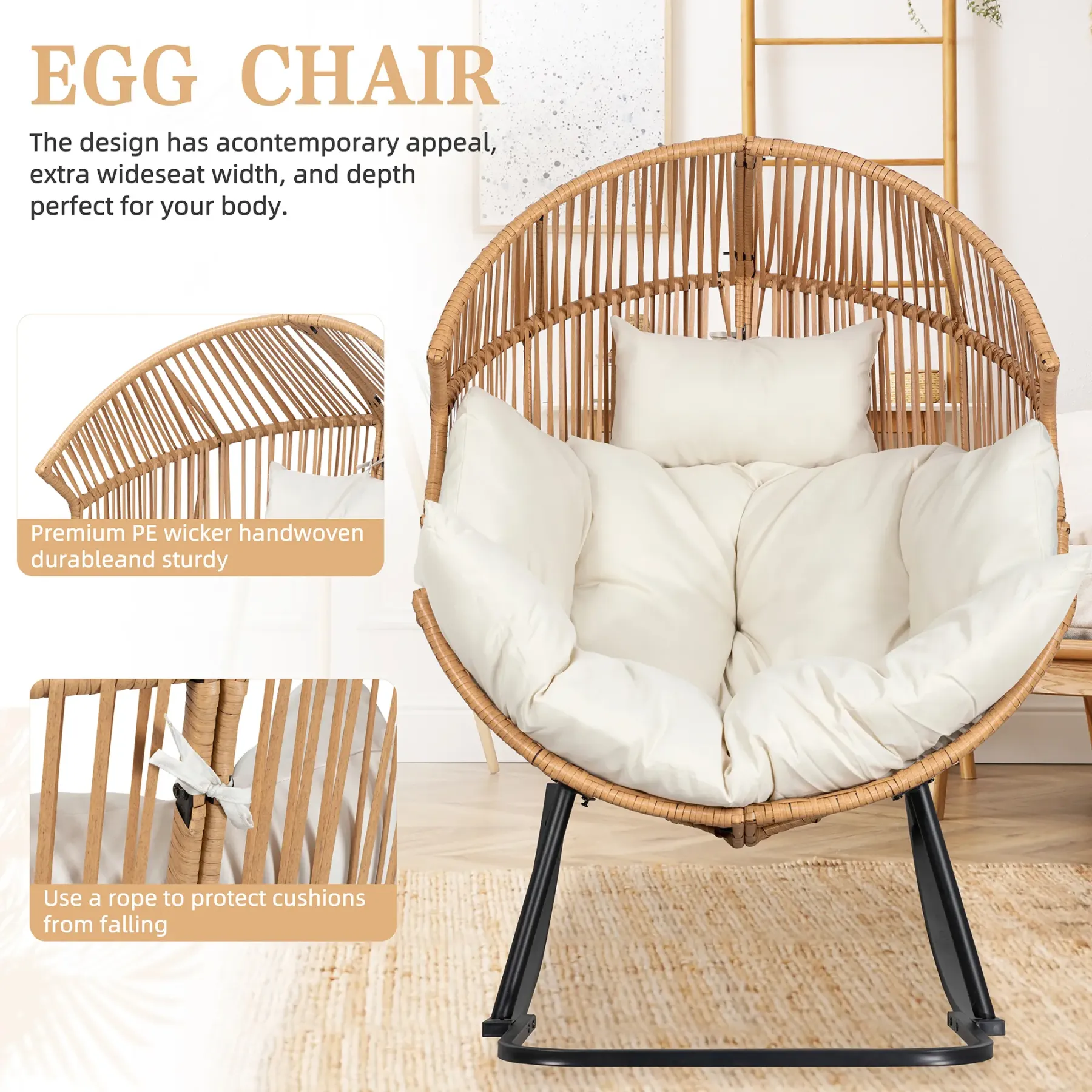 Sillón mecedora de mimbre para interiores y exteriores; silla tipo huevo de gran tamaño con cojín y capacidad de carga de 450 libras; ideal para dormitorio, balcón o jardín.