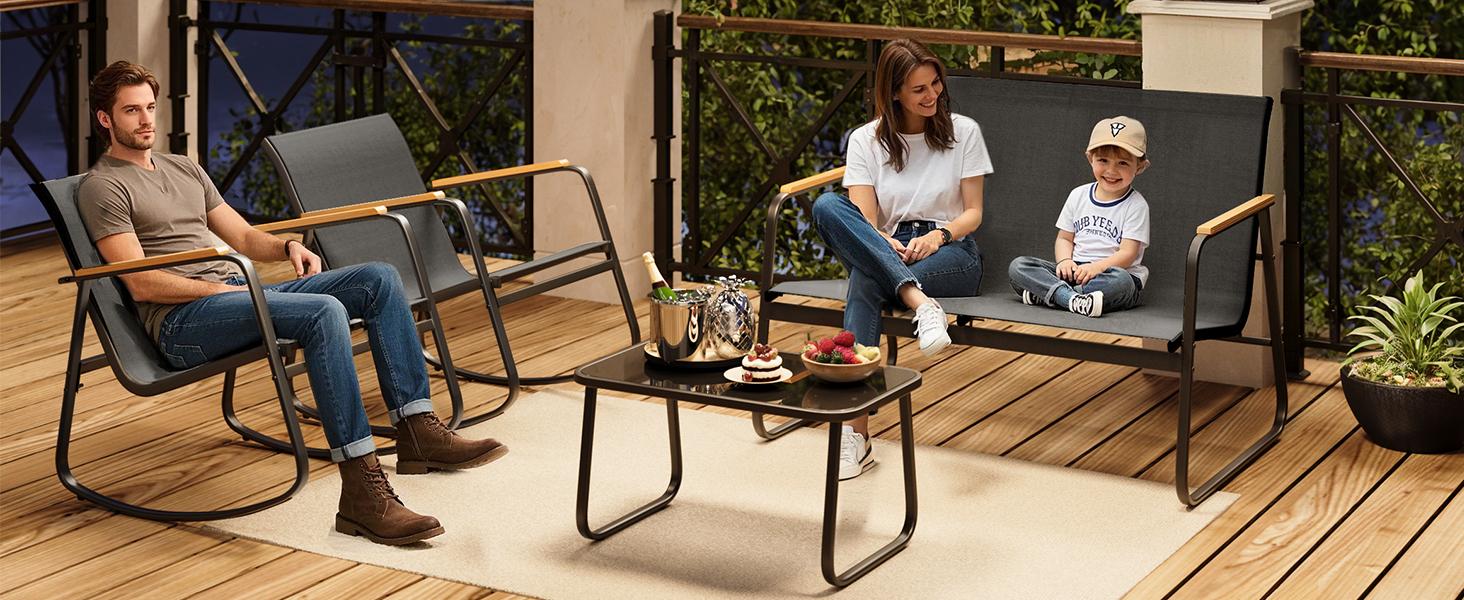 GIZOON 4-Piece Modern Patio Furniture Set, Sturdy Textilene Conversation Set (Black) - Weather-Resistant, Stable with Wooden Armrests, 2 Rocking Chairs, Coffee Table for Outdoor Patio, Balcony