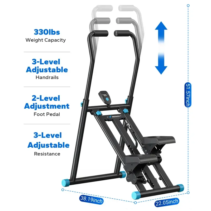 Máquina de ejercicio tipo escalador vertical compacto con pedales ajustables; ideal para gimnasio en casa y actividades recreativas.