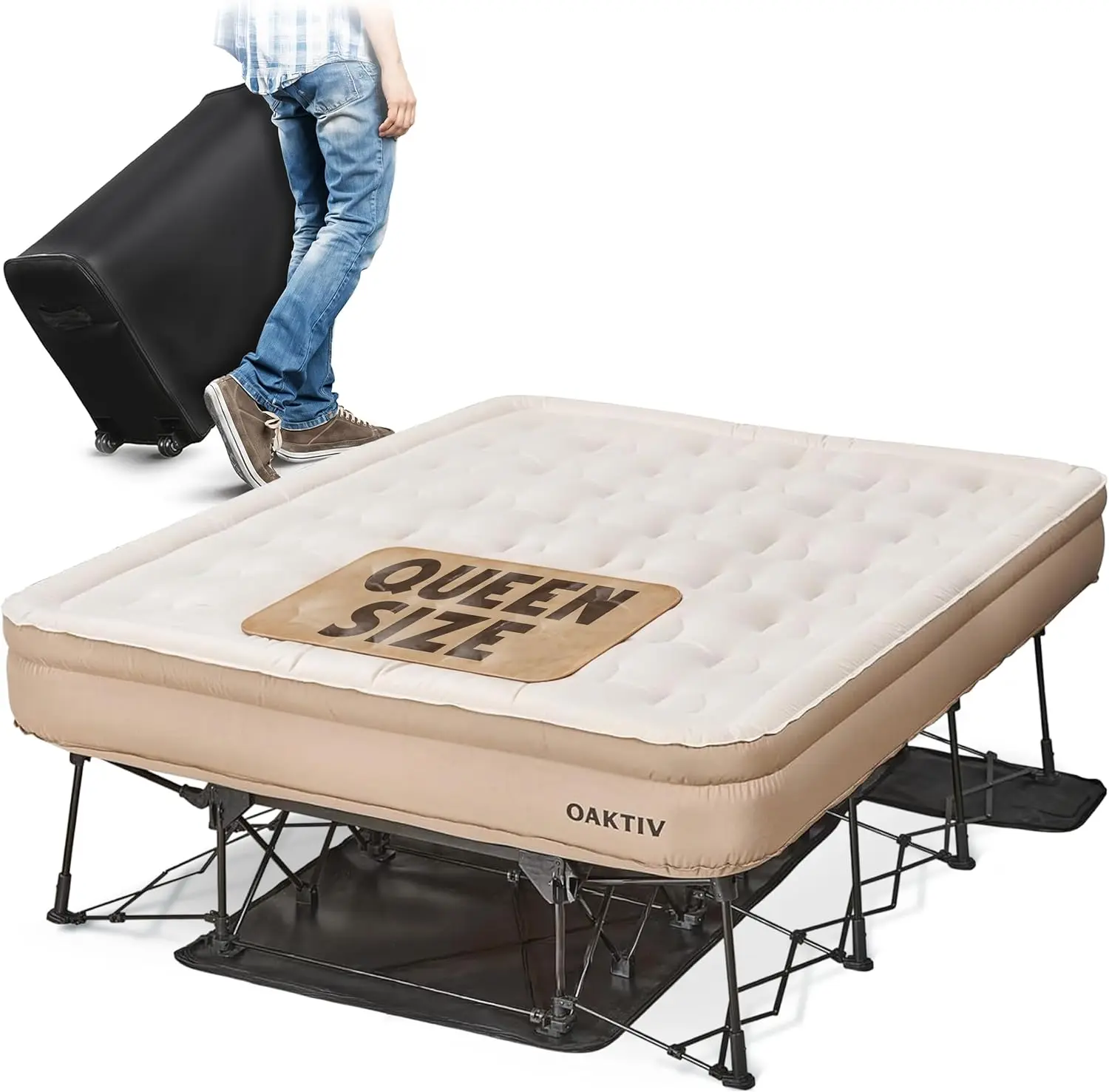 Colchón inflable tamaño Queen: capacidad de 660 libras, garantía de 5 años, autoinflable en 3-4 minutos, bomba a batería y estructura integradas, estuche con ruedas; la solución definitiva para habitaciones de invitados y acampadas.