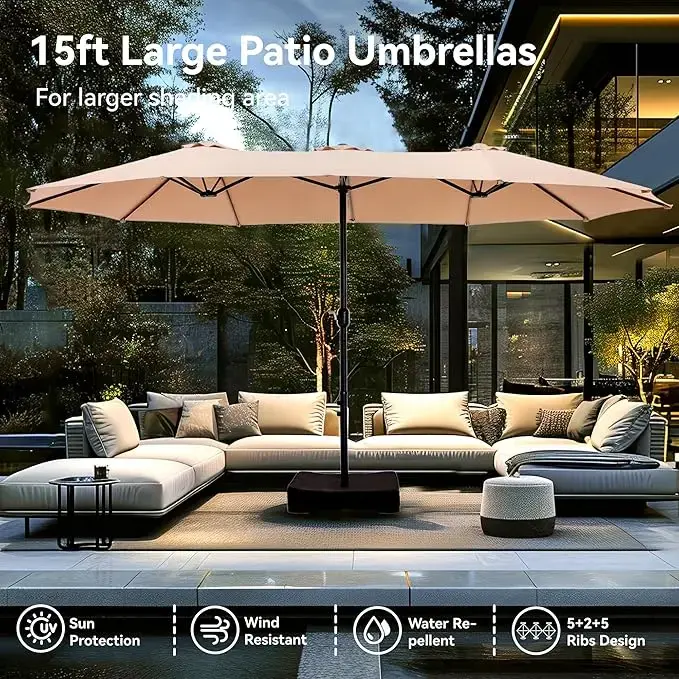 Sombrilla grande para exteriores de 15 pies con base lastrada para jardín, piscina y playa