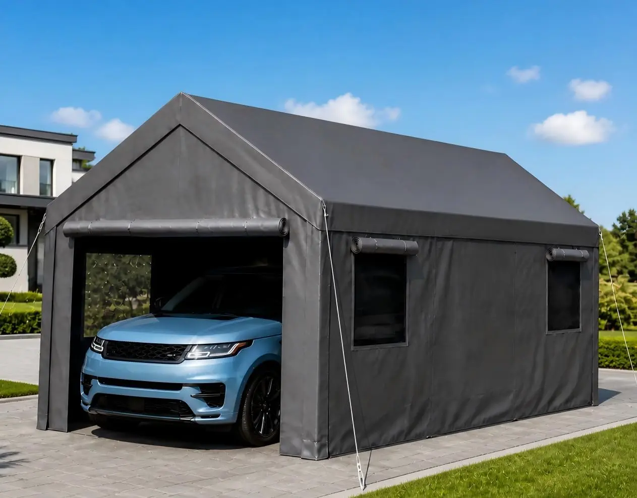 Cochera portátil resistente (opciones de 10x20, 12x20 o 20x20 pies) con ventanas enrollables y paredes laterales y puertas desmontables; refugio impermeable para automóviles, camionetas, SUV y embarcaciones (color gris).