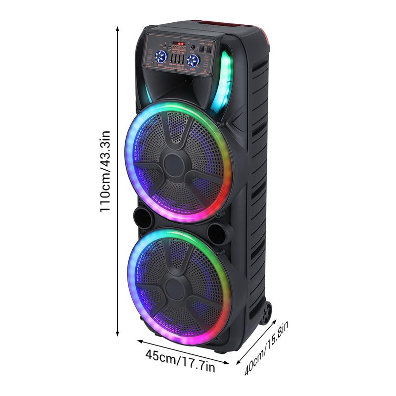 Sistema de altavoces para karaoke con doble woofer de 15 pulgadas — Altavoz portátil tipo "Party Box" con 2 micrófonos, Bluetooth inalámbrico, sonido estéreo, batería recargable, control remoto e iluminación LED.