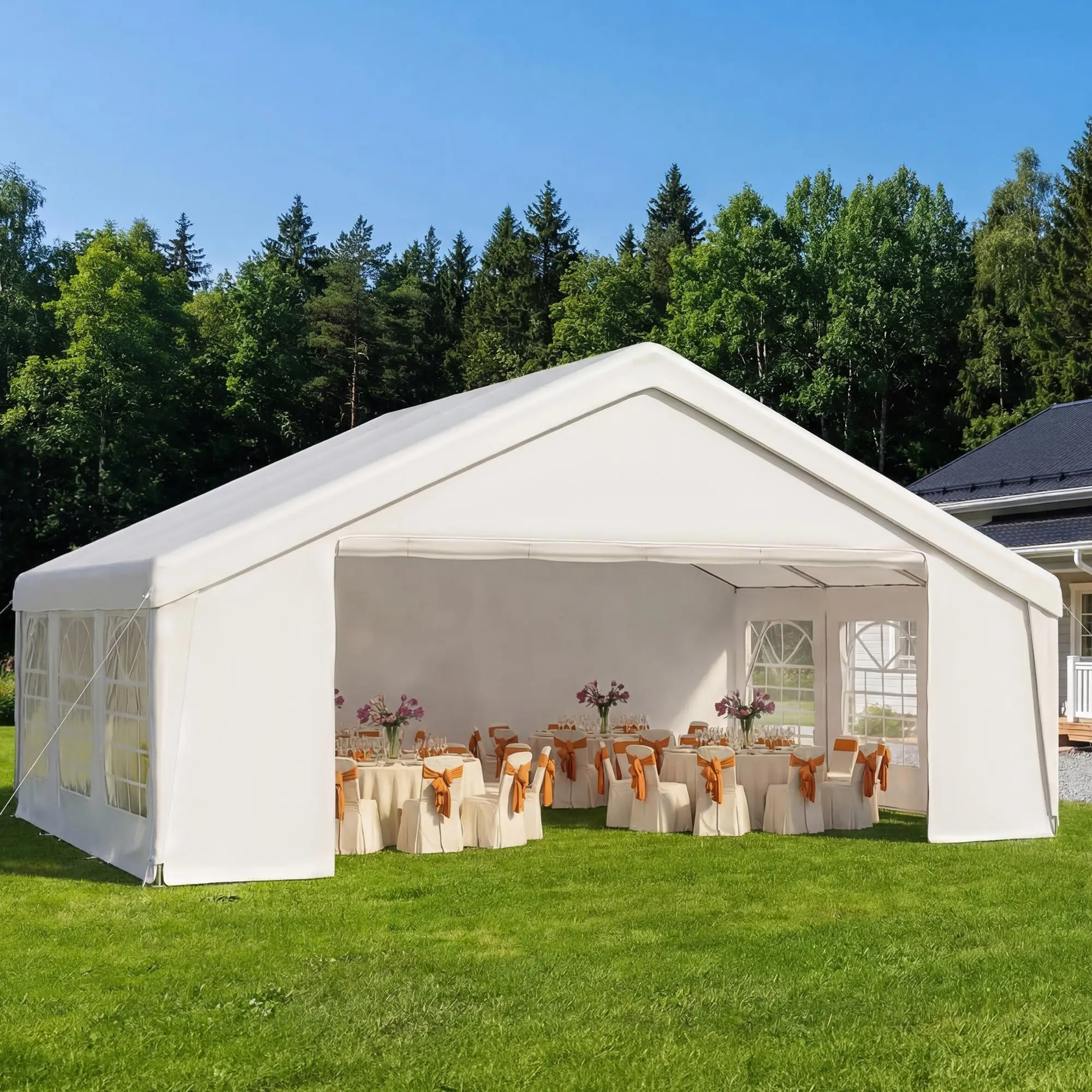 Carpa Grande para Exterior con Estructura de Acero, 32x16 FT/40x20 FT, Impermeable con Laterales Desmontables y Puerta Enrollable, Ideal para Bodas, Fiestas, BBQ y Camping