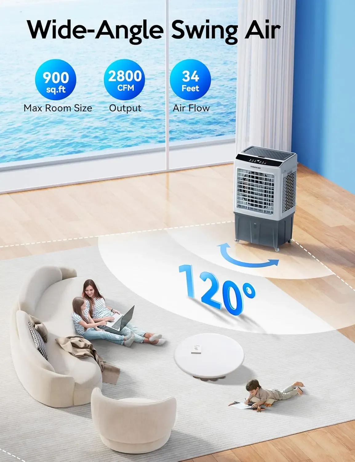 Enfriador Evaporativo Portátil de 35", 2100-3000 CFM, con Oscilación de 120°, Control Remoto, Temporizador 24H, 3 Modos y 3 Velocidades, Ideal para Interior y Exterior