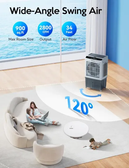 Enfriador Evaporativo Portátil de 35", 2100-3000 CFM, con Oscilación de 120°, Control Remoto, Temporizador 24H, 3 Modos y 3 Velocidades, Ideal para Interior y Exterior
