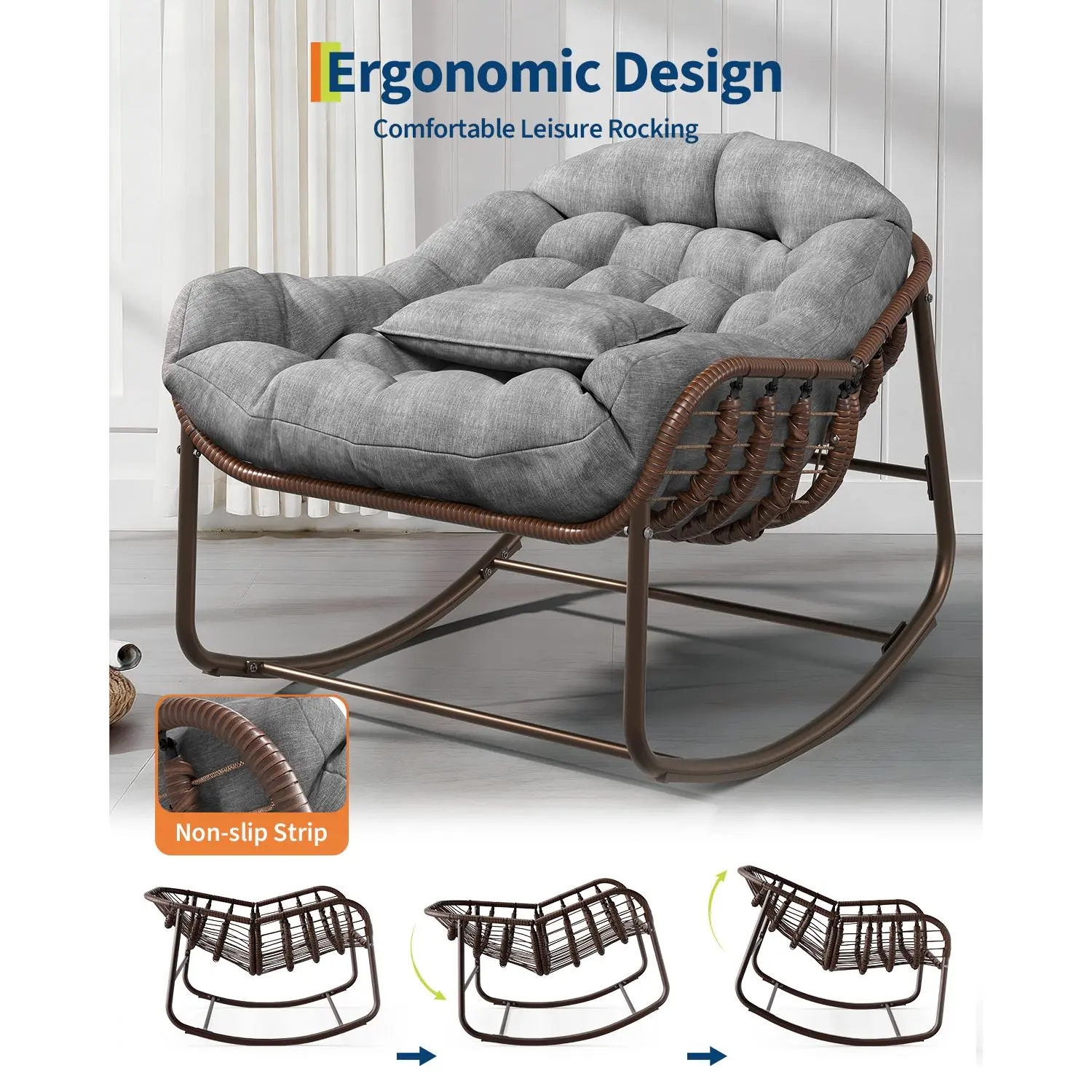 Silla Mecedora Tipo Huevo Papasan XL para Exterior, de Ratán Sintético, con Cojín Grueso Impermeable, Estructura Metálica Reforzada, Ideal para Balcón, Patio, Porche y Sala, Soporta hasta 450 lb