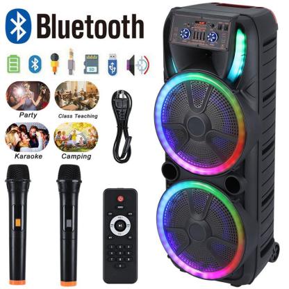 Sistema de altavoces para karaoke con doble woofer de 15 pulgadas — Altavoz portátil tipo "Party Box" con 2 micrófonos, Bluetooth inalámbrico, sonido estéreo, batería recargable, control remoto e iluminación LED.